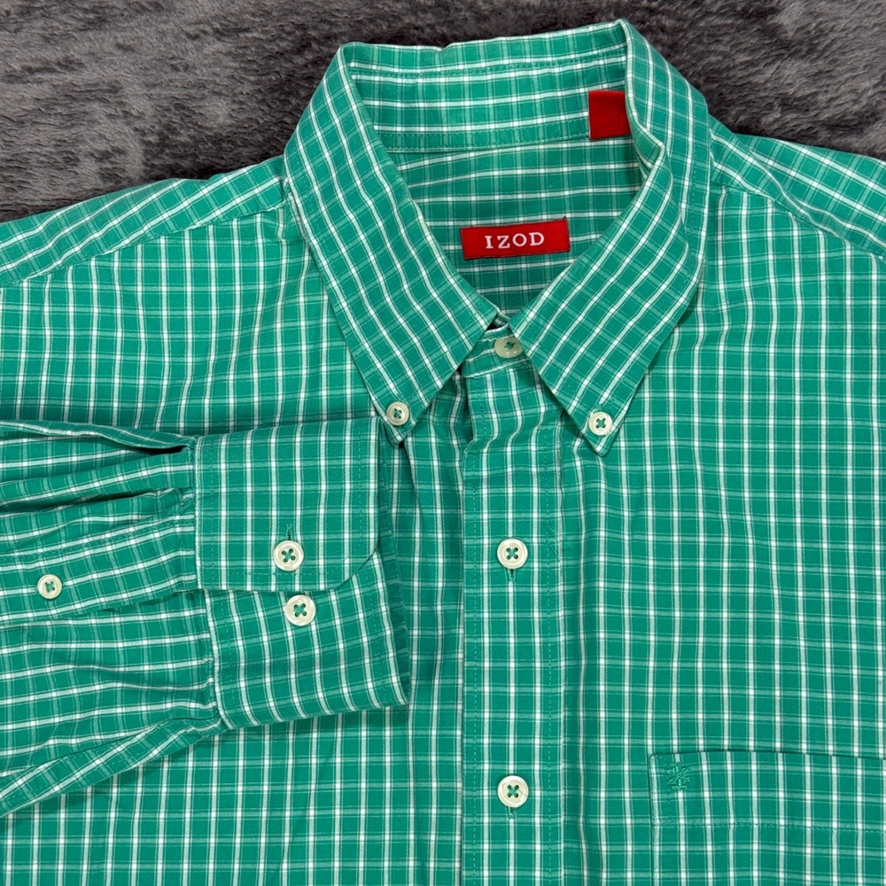 IZOD Button Front Shirt Men Large Green White